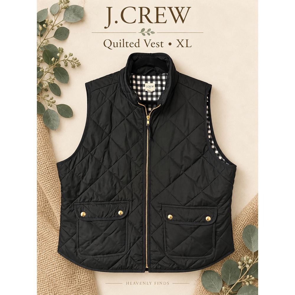 J.Crew Black Quilted Vest XL Equestrian Horse Girl English Countryside Preppy